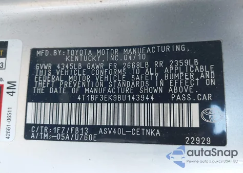 2011 Toyota Camry Le z USA, uszkodzony, nr VIN 4T1BF3EK9BU143944